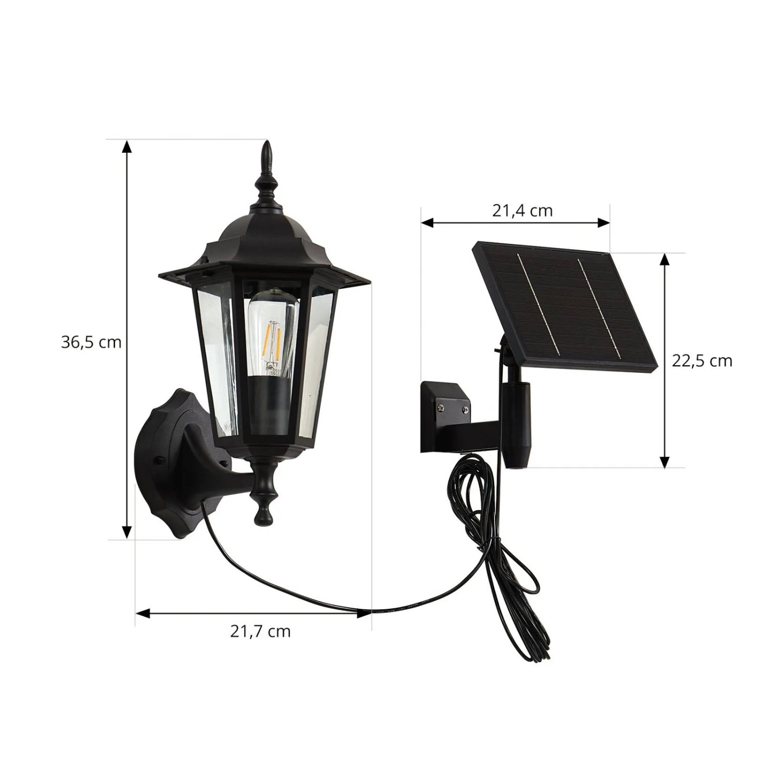 Schwarze Lindby LED Solar Laterne Sayata für Außen, spritzwassergeschützt und modern, mit Maßen.