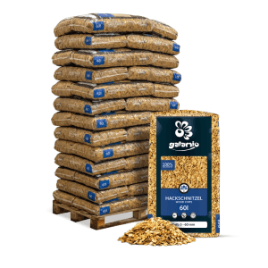 Palette mit 39 Säcken Galamio Holzhackschnitzel Gelb 60l. Mulch für Garten, Beete und Wege.