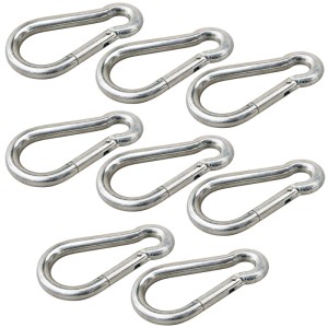 Acht silberne Karabinerhaken aus verzinktem Stahl, 5x50 mm, DIN 5299C, für vielseitige Befestigungen bis 100 kg.
