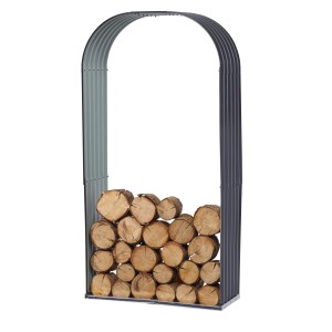 Floraworld Kaminholzregal Rundbogen, anthrazit, gefüllt mit Holzscheiten.