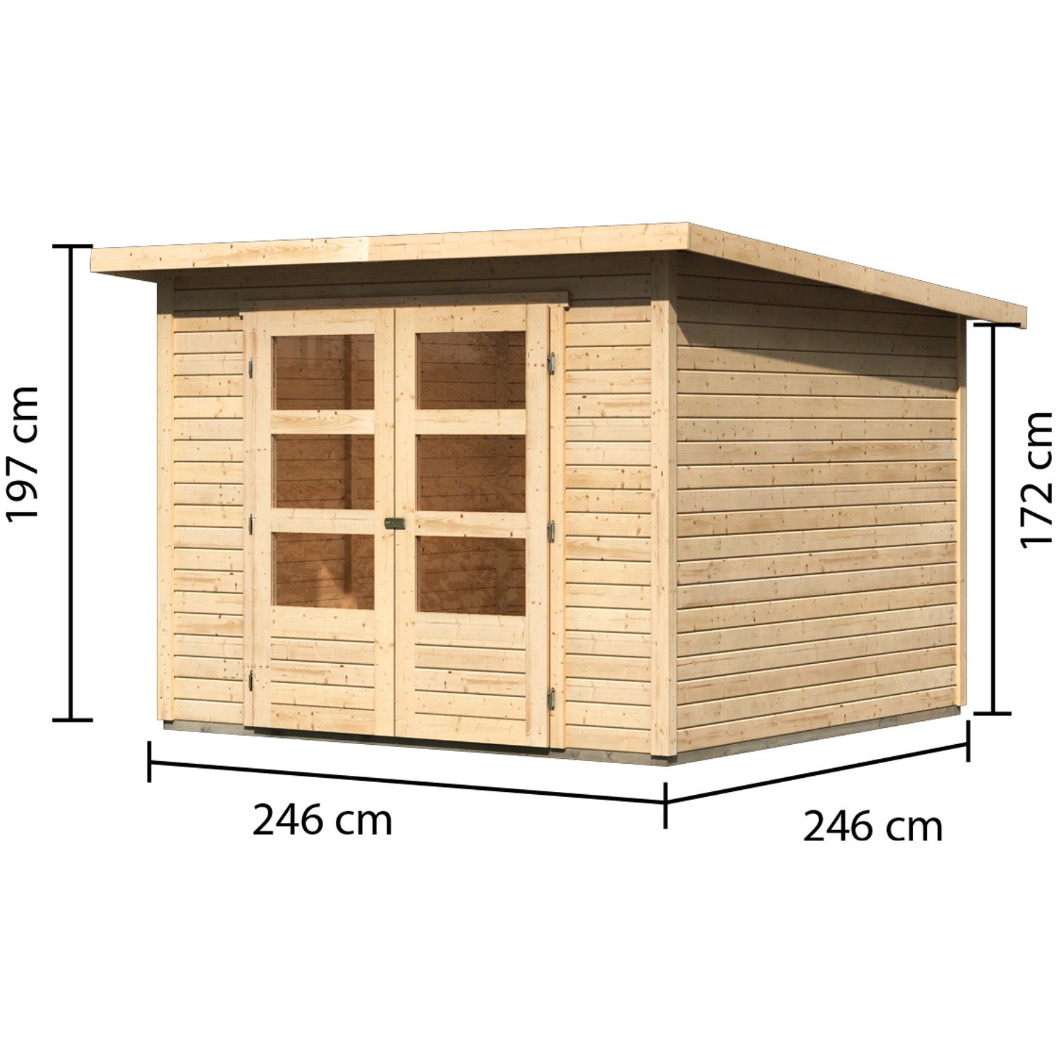 Karibu Holz-Gartenhaus Sitten, unbehandelt, mit Pultdach und den Maßen 242x242 cm.