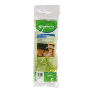 Befestigungsset für Sichtschutz, 26 transparente Halteplättchen und weiße Drähte in Folienverpackung.