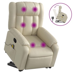 Cremefarbener Massagesessel mit Aufstehhilfe aus Kunstleder mit Vibrationsmassage.