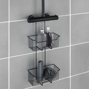 Schwarzer Wenko Thermostat-Dusch-Caddy Milo mit 2 Etagen zur Aufbewahrung in der Dusche.