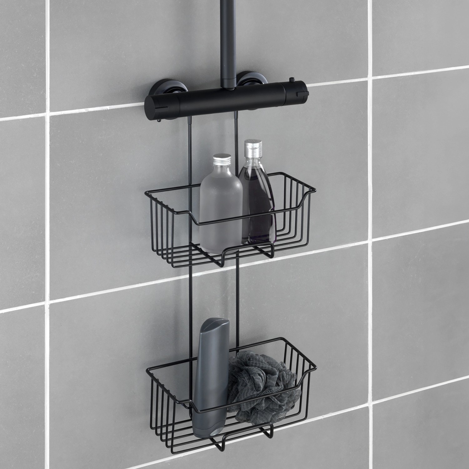 Schwarzer Wenko Thermostat-Dusch-Caddy Milo mit 2 Etagen zur Aufbewahrung in der Dusche.