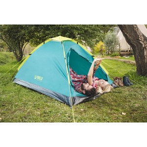 Bestway® Cool Dome 2 Zelt: 2 Personen Campingzelt, türkis/gelb, mit Paar im Inneren.
