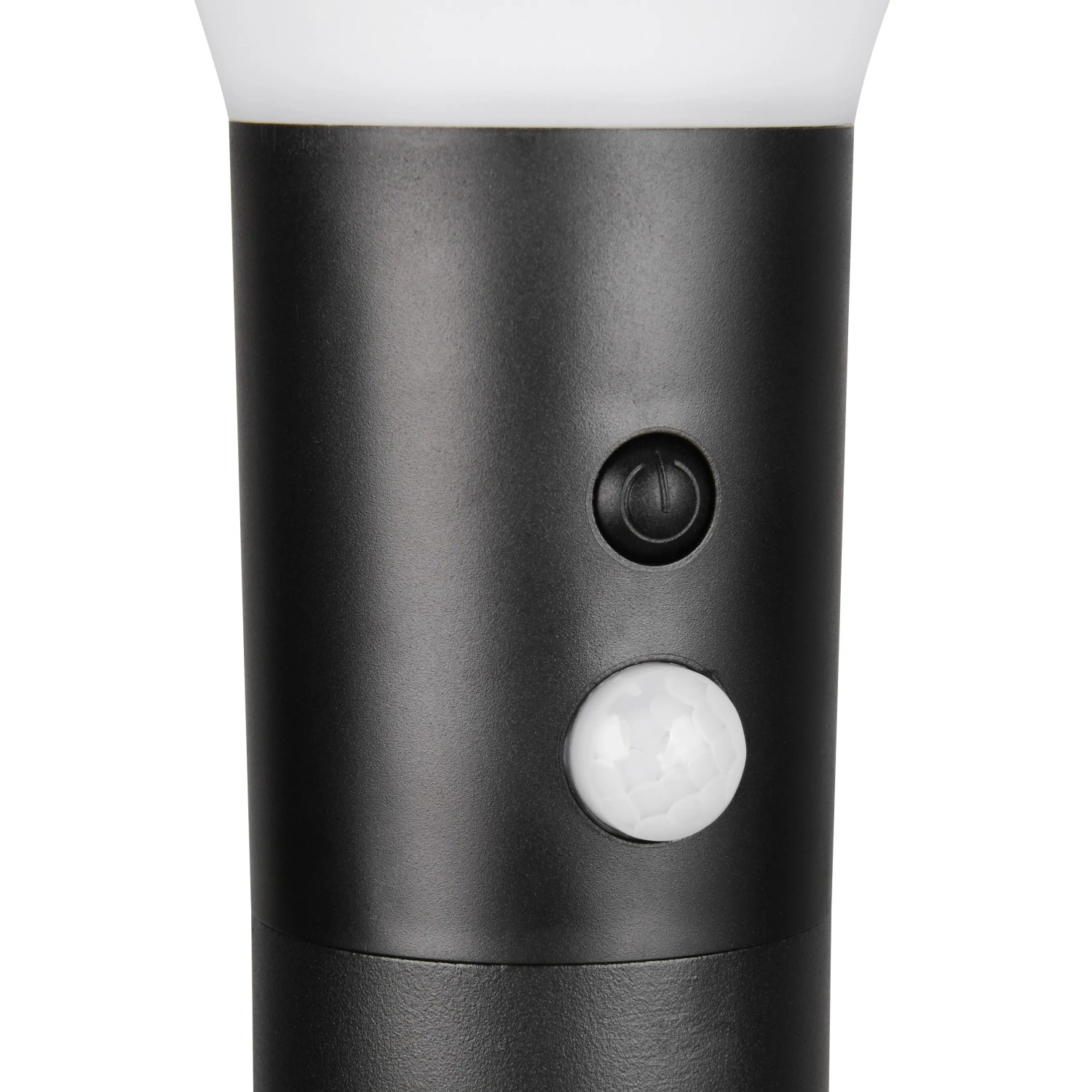 Detailaufnahme: Schwarzer Reality LED Poller Gorda mit Sensor und Schalter.