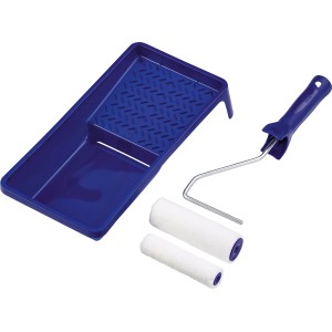 LUX Lasur-Rollerset, 4-teilig: Farbwanne, Abstreifgitter und zwei Farbroller.