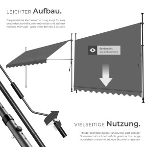 Tectake Klemmmarkise Mit Handkurbel  Ohne Bohren  Uv Beständig Höhenverstellbar 211   304 cm 350 x 180 cm 180 x 350 x 304 cm Schwarz Grau