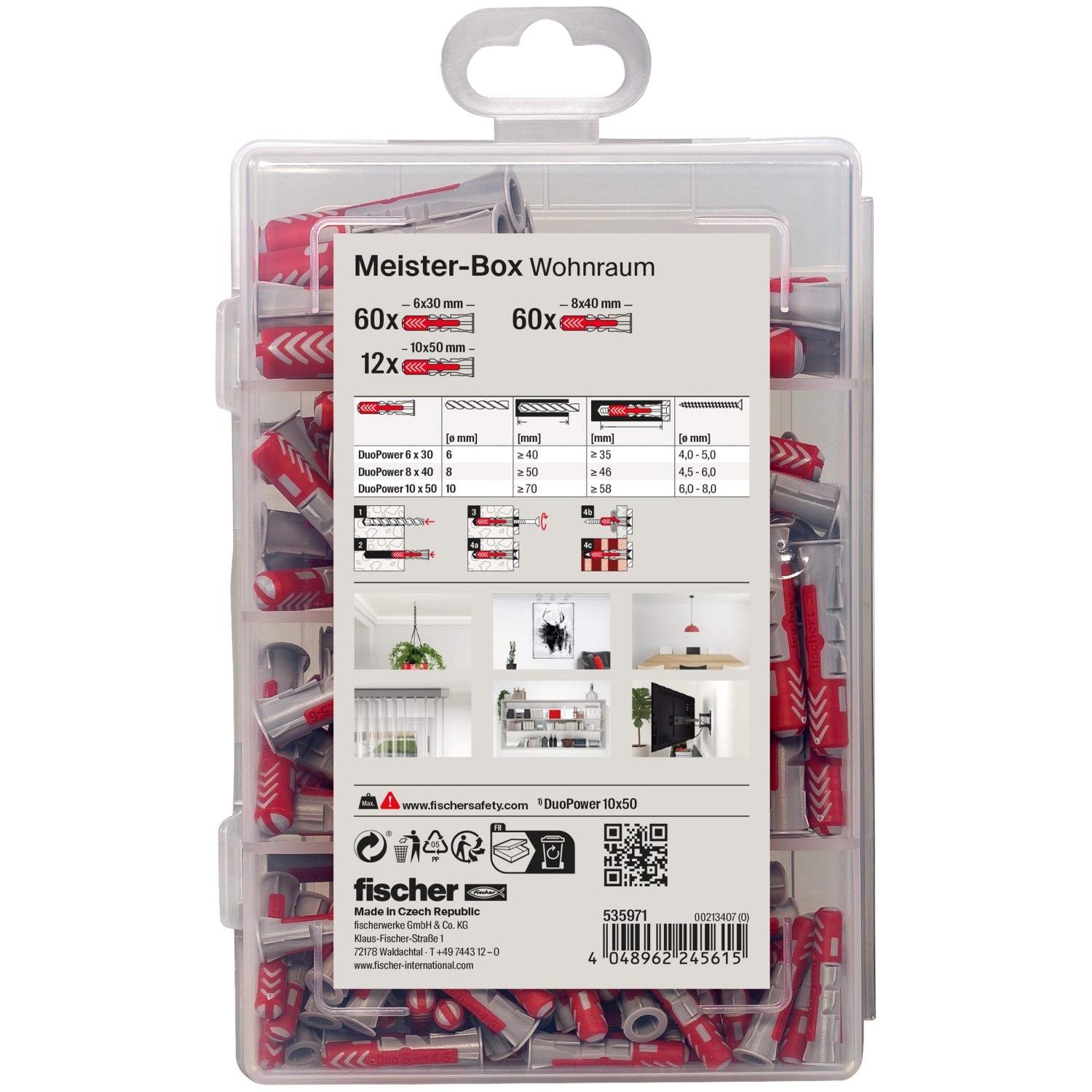 Fischer Meister-Box Wohnraum mit 132 Dübeln in transparenter Kunststoffbox, ideal für Befestigungen.