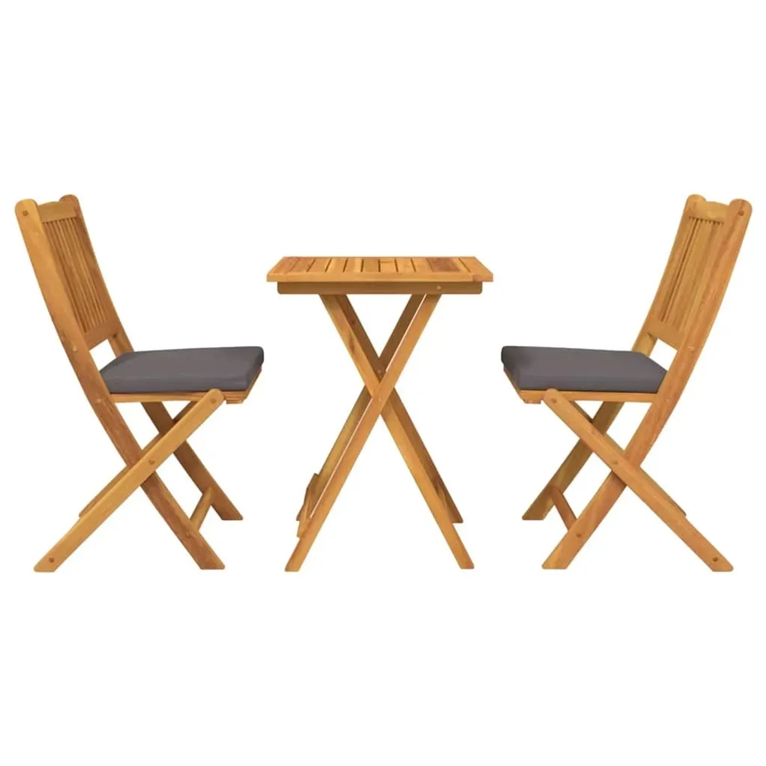 Braunes 3-teiliges Garten Bistro Set aus Akazienholz mit Tisch und zwei Stühlen mit grauen Sitzkissen.
