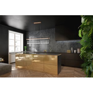 Näve LED-Pendelleuchte Nobilis, satin-nickel, ca. 100 cm, über Küchentisch mit Kristallelementen.