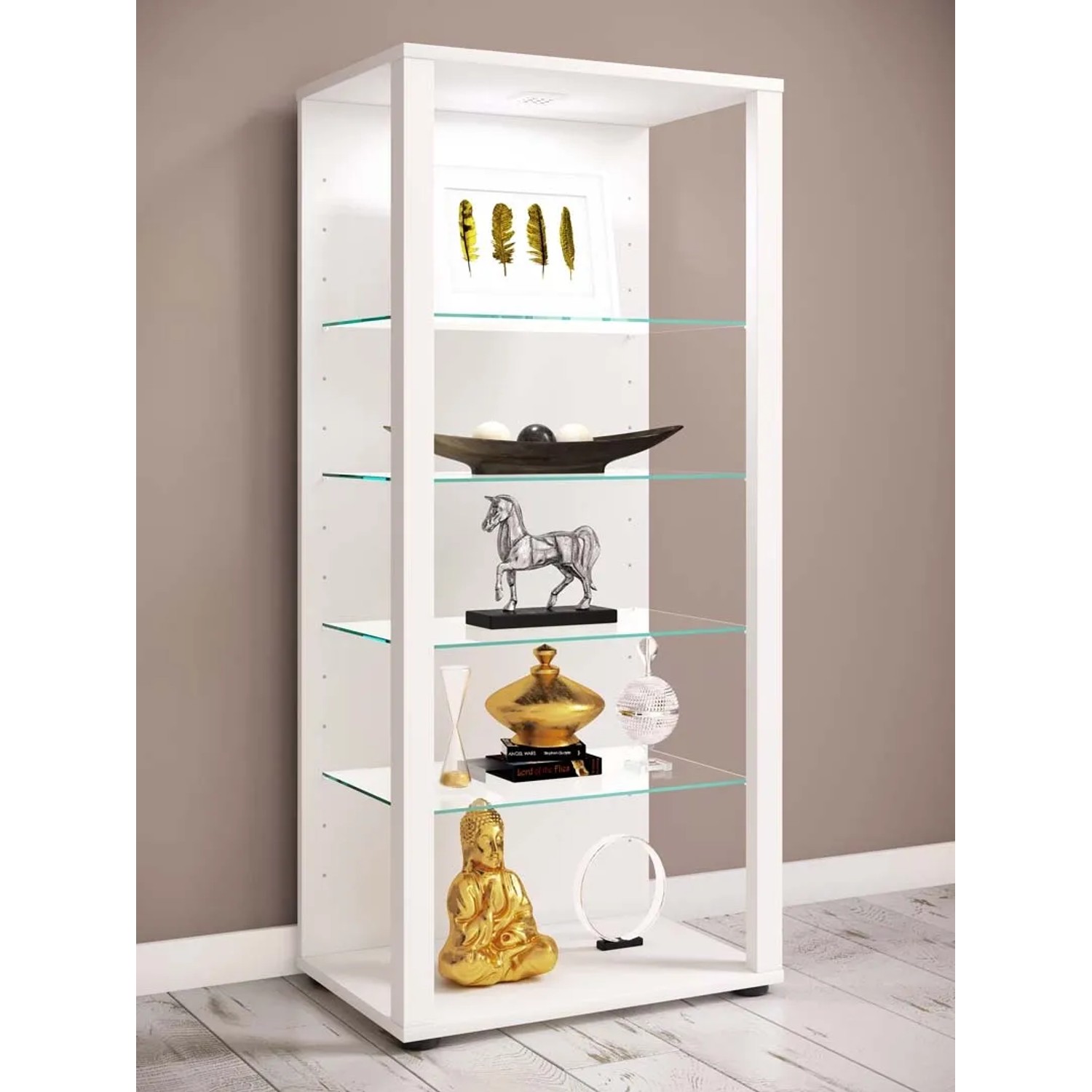 Ebuy24 Glasol3 Vitrinenschrank in Weiß mit Glasböden und Deko-Elementen.