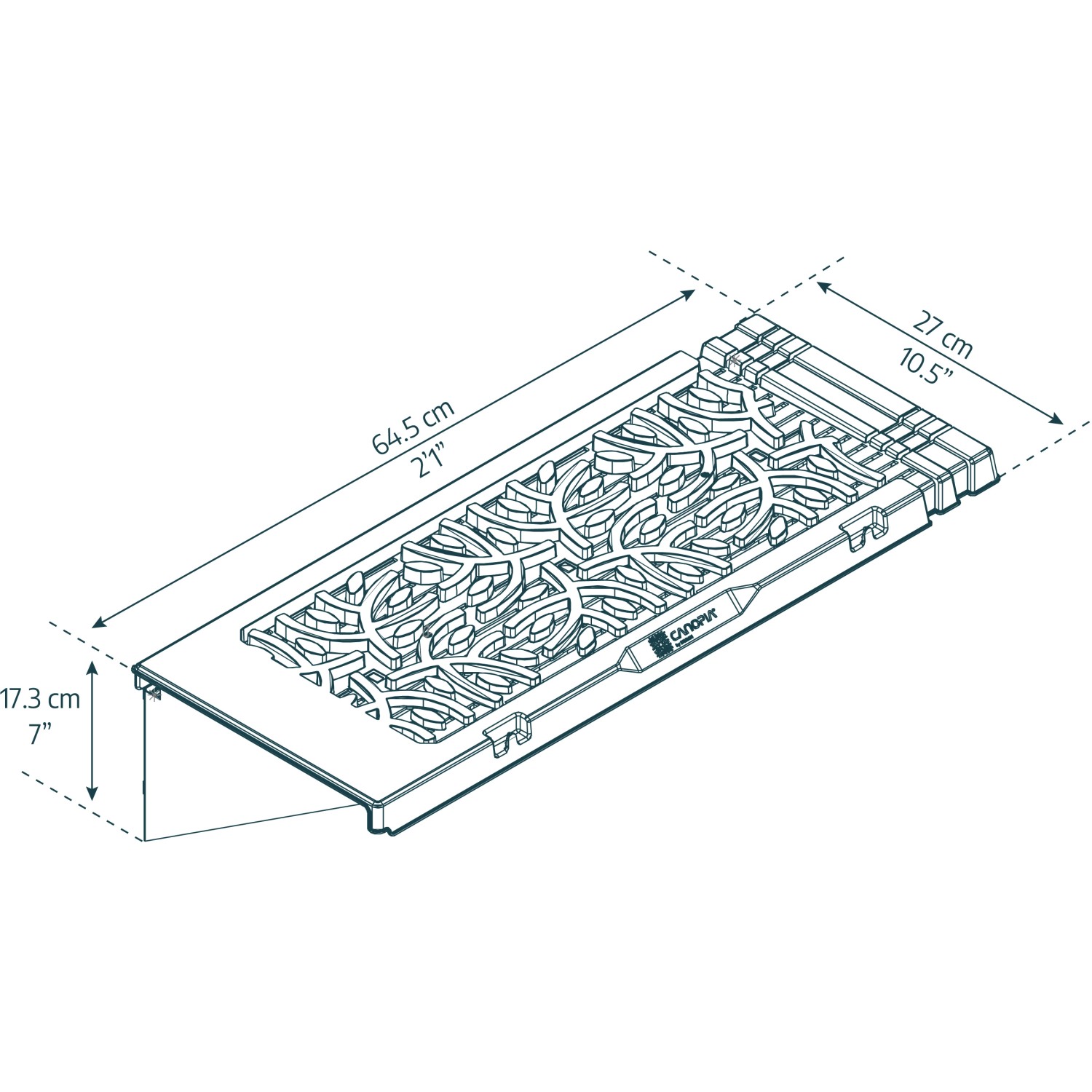 Technische Zeichnung: Palram Canopia Gewächshaus Regal, 64,5x27x17,3cm, zur Montage im Gewächshaus.