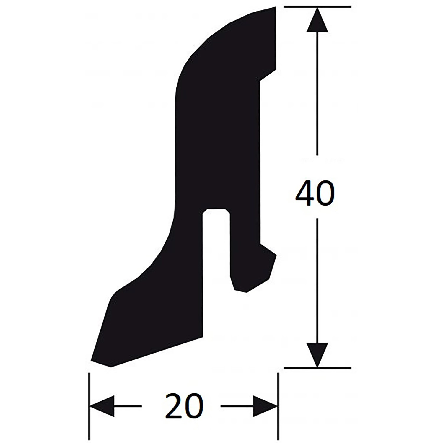 Profil der OBI Sockelleiste Eiche 67202, 40x20x2600 mm, zur Befestigung mit Leistenclips.