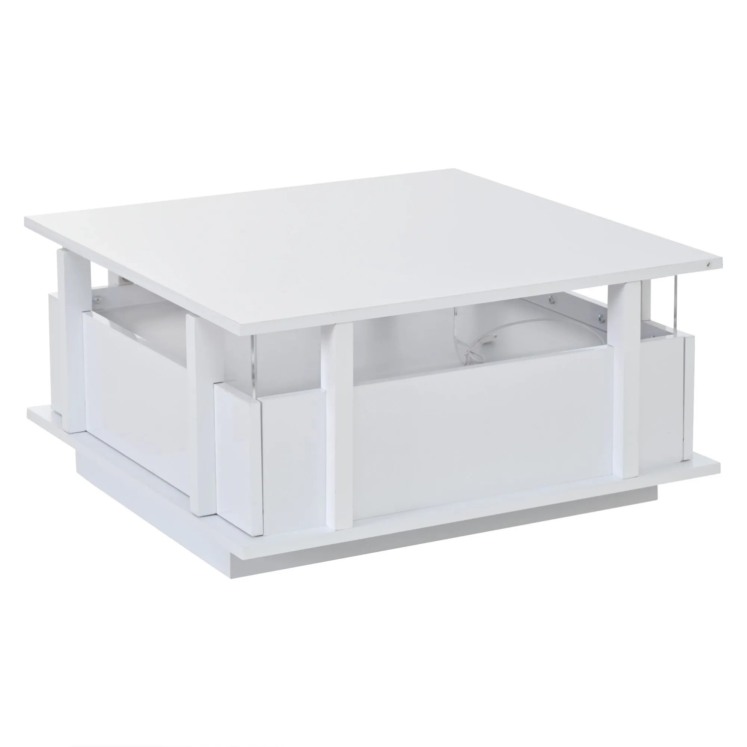 okwish Couchtisch mit LED Schubladen Acryl Trennwand 70x70x35cm Weiß