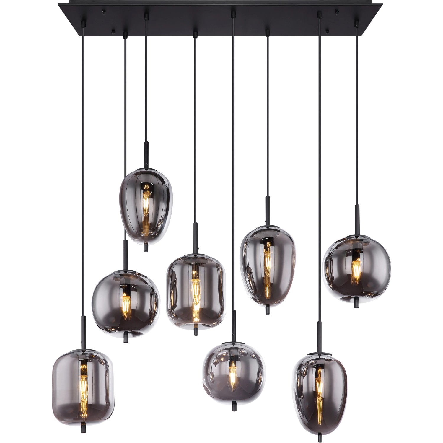 Globo Blacky Pendelleuchte mit 8 rauchfarbenen Gläsern und schwarzem Metallrahmen.