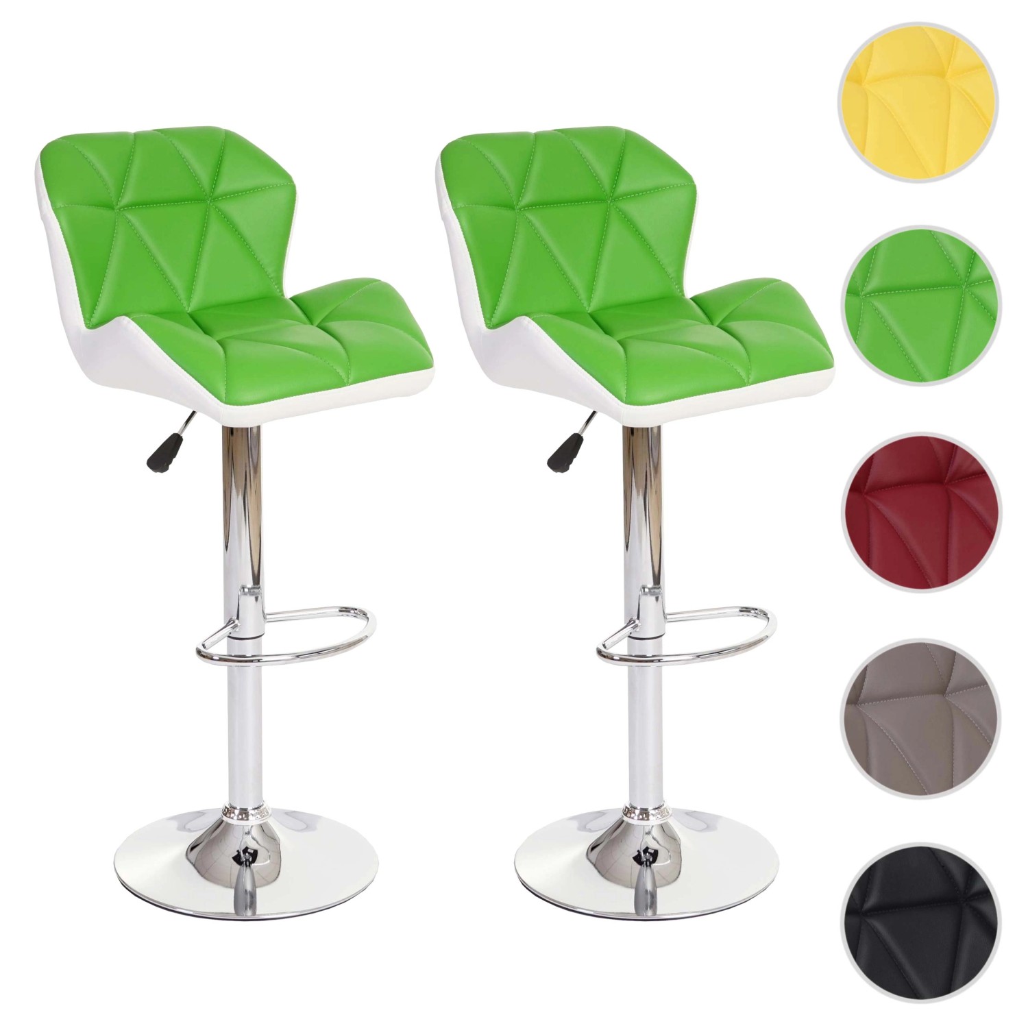 2er-Set Barhocker A92 in Grün mit Chromgestell, höhenverstellbar und drehbar.