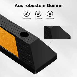 Robuster schwarzer Gummi Radstopper mit gelbem Reflexstreifen und strukturierter Oberfläche. Wetterfest, UV- & hitzebeständig.