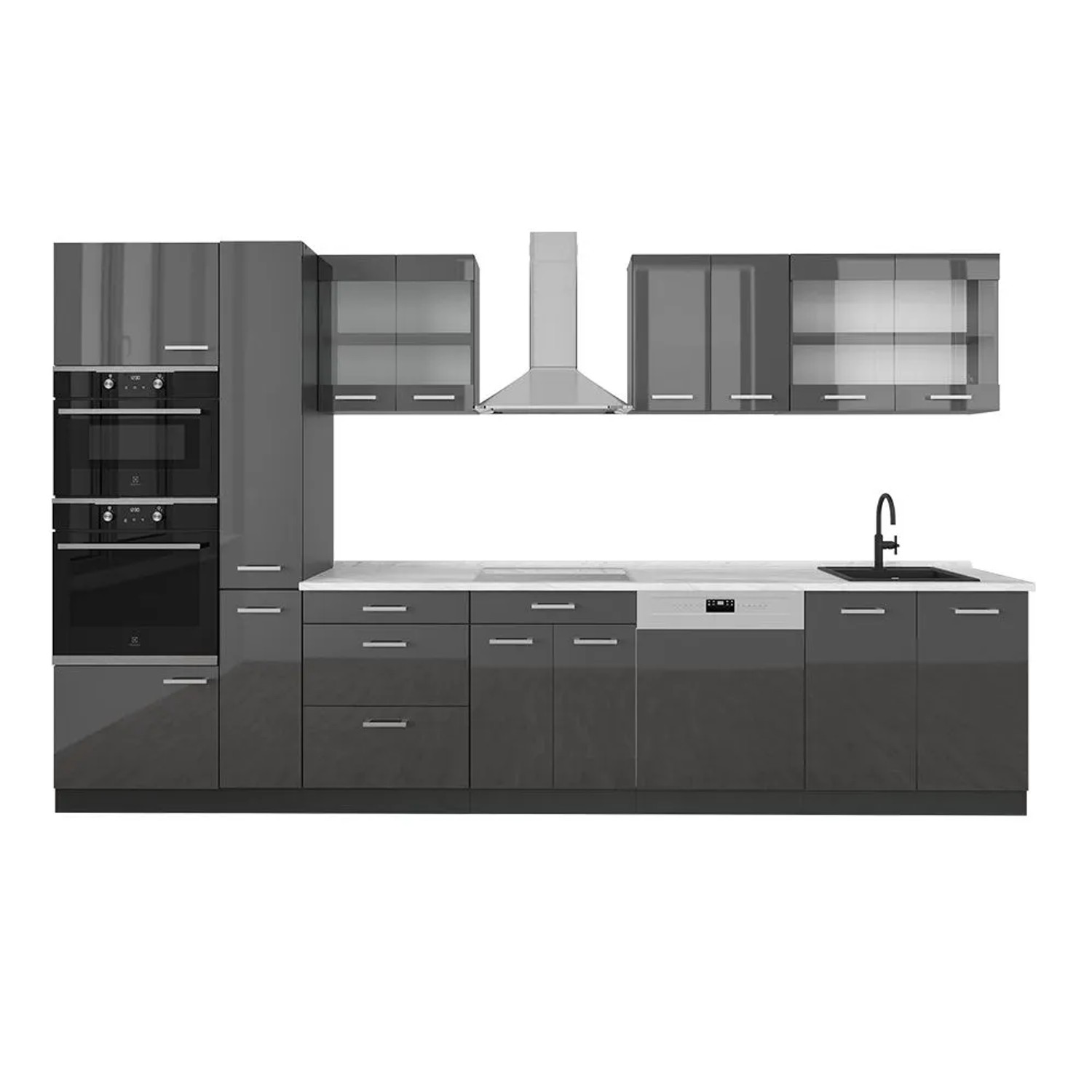 Vicco R-Line Küchenzeile Anthrazit Hochglanz Anthrazit 350 cm AP Marmor ohne E-Geräte