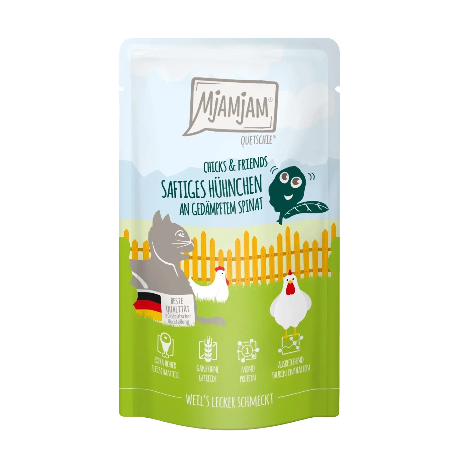 Mjamjam Katzen-Nassfutter Quetschie Chicks & Friends Hühnchen & Spinat 125 g