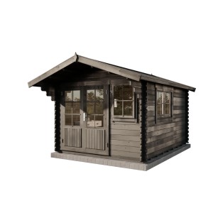 Graues Alpholz Gartenhaus Gabriel-34 Set mit Doppeltür, Fenster, Dacheindeckung und Fußboden.