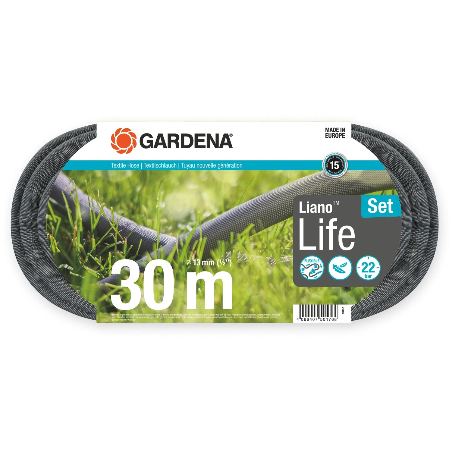 Gardena Liano Life 30m Gartenschlauch Set, flexibler Textilschlauch mit Zubehör.