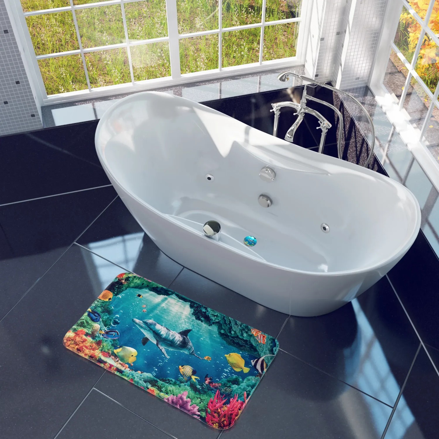 Sanilo Badteppich Delphin Korallen (70x110 cm) im Badezimmer mit Badewanne.