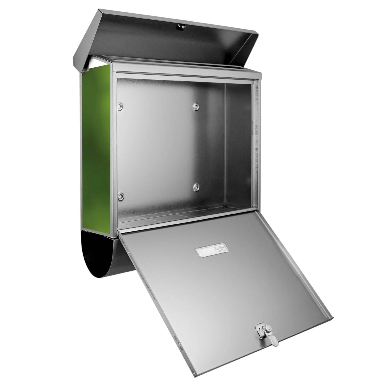 Offener Banjado Edelstahl Briefkasten mit Zeitungsfach und Vogel Motiv auf Tannenzweig.