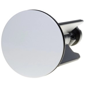 Weißer Sanilo Waschbeckenstöpsel aus verchromtem Messing und Kunststoff.