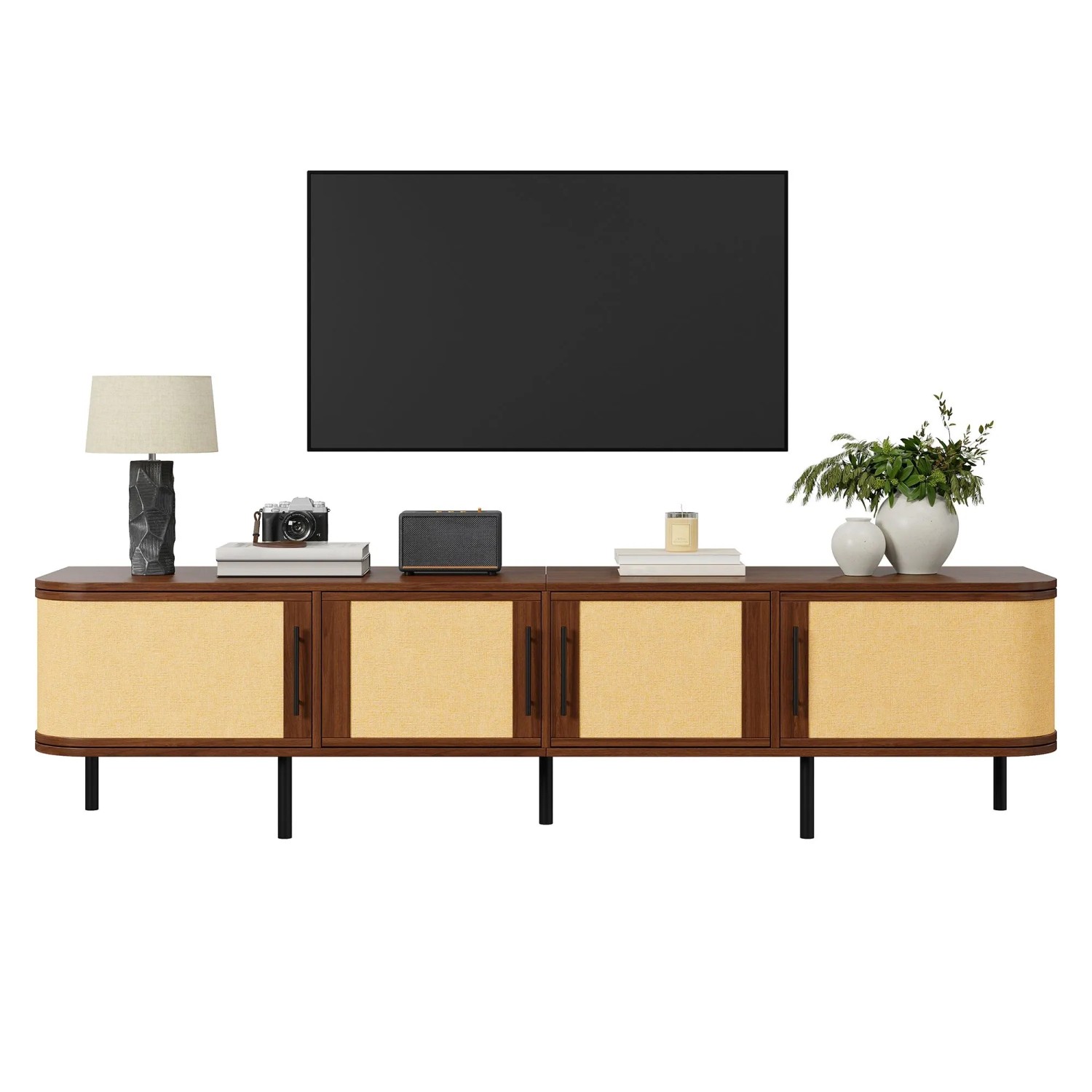 Merax TV Lowboard Flechtfront 4 Türen Metallfüße Stauraum 180 cm