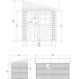 Technische Zeichnung: Timbela Anbau-Gartenhaus M340, 8 m², Holz, ohne Seitenwand und Boden. Abmessungen und Ansichten.