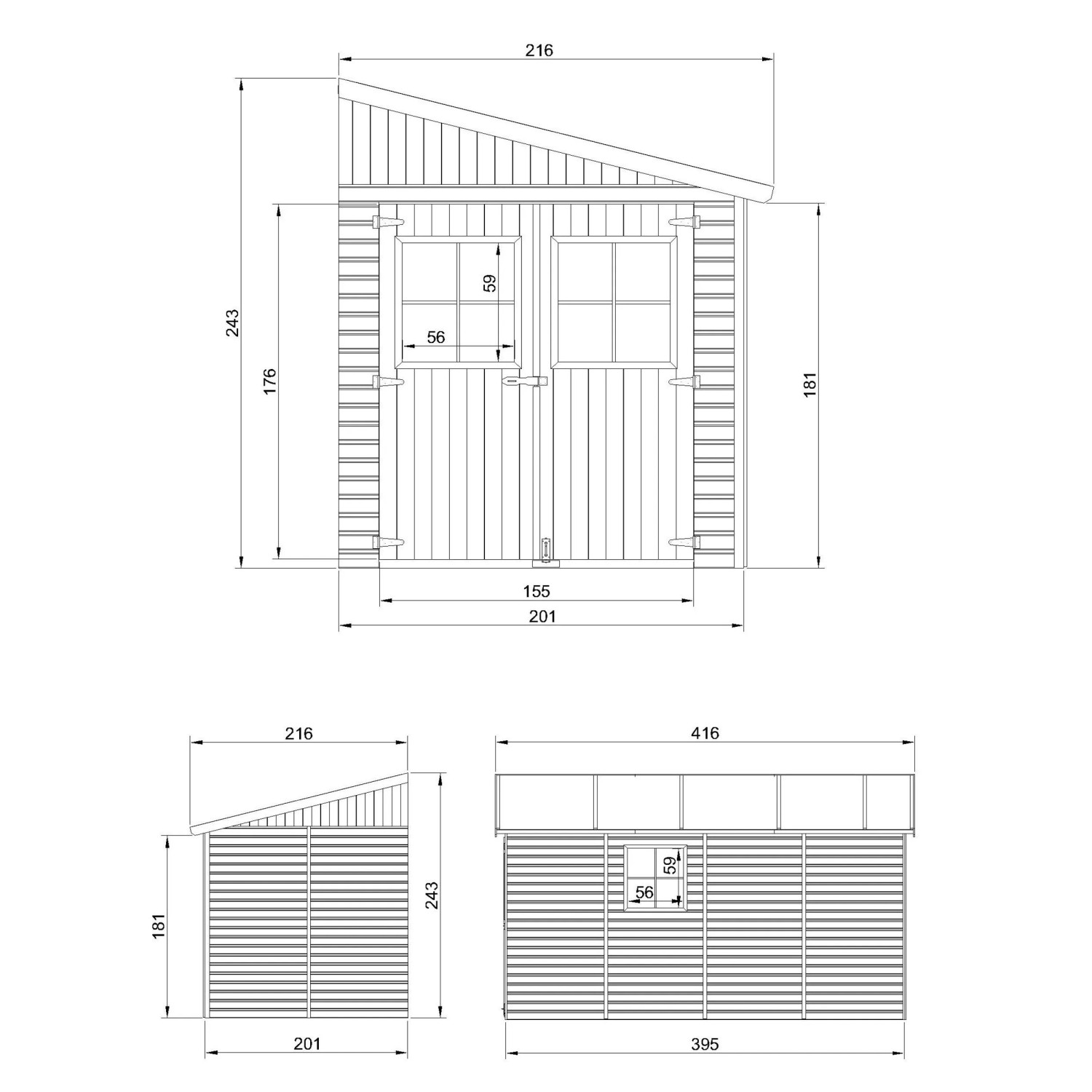 Technische Zeichnung: Timbela Anbau-Gartenhaus M340, 8 m², Holz, ohne Seitenwand und Boden. Abmessungen und Ansichten.