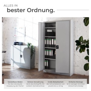 Grauer Tectake Aktenschrank aus Stahl mit zwei Flügeltüren und verstellbaren Einlegeböden.