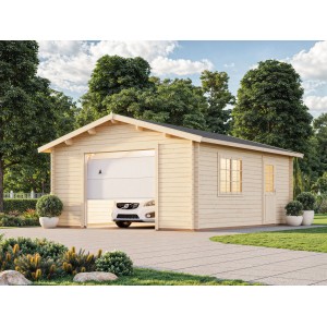 Palmako Holzgarage Roger mit Sektionaltor, naturbelassen. Fertiggarage aus Holz mit Fenster und Tür.