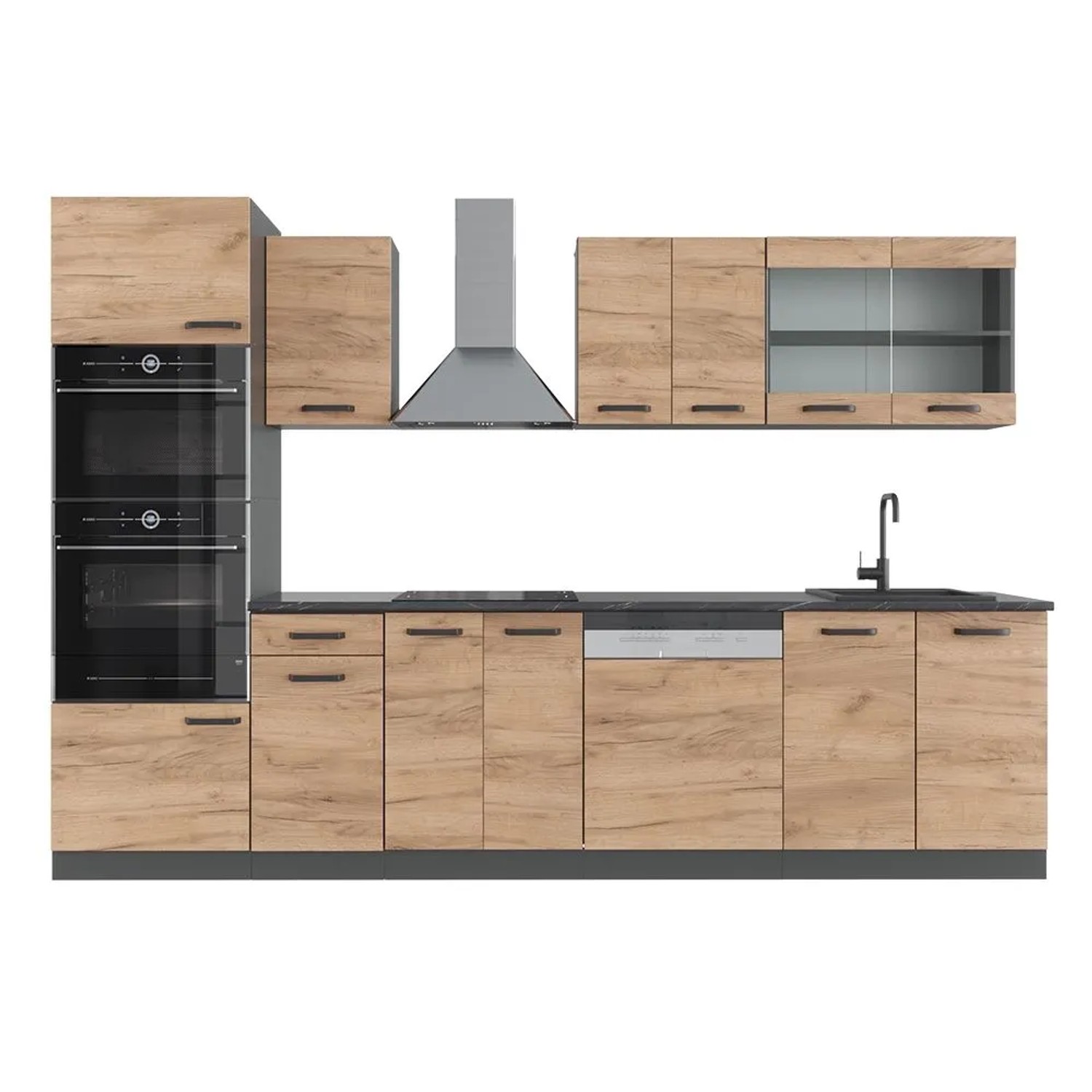 Vicco R-Line Küchenzeile Goldkraft Eiche Anthrazit 300 cm mit Hochschrankohne Arbeitsplatte ohne E-Geräte