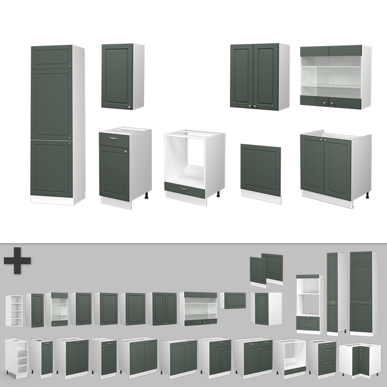 Vicco Fame-Line Küchenzeile, 300 cm, Grün-Gold/Weiß, Landhausstil, ohne Arbeitsplatte.