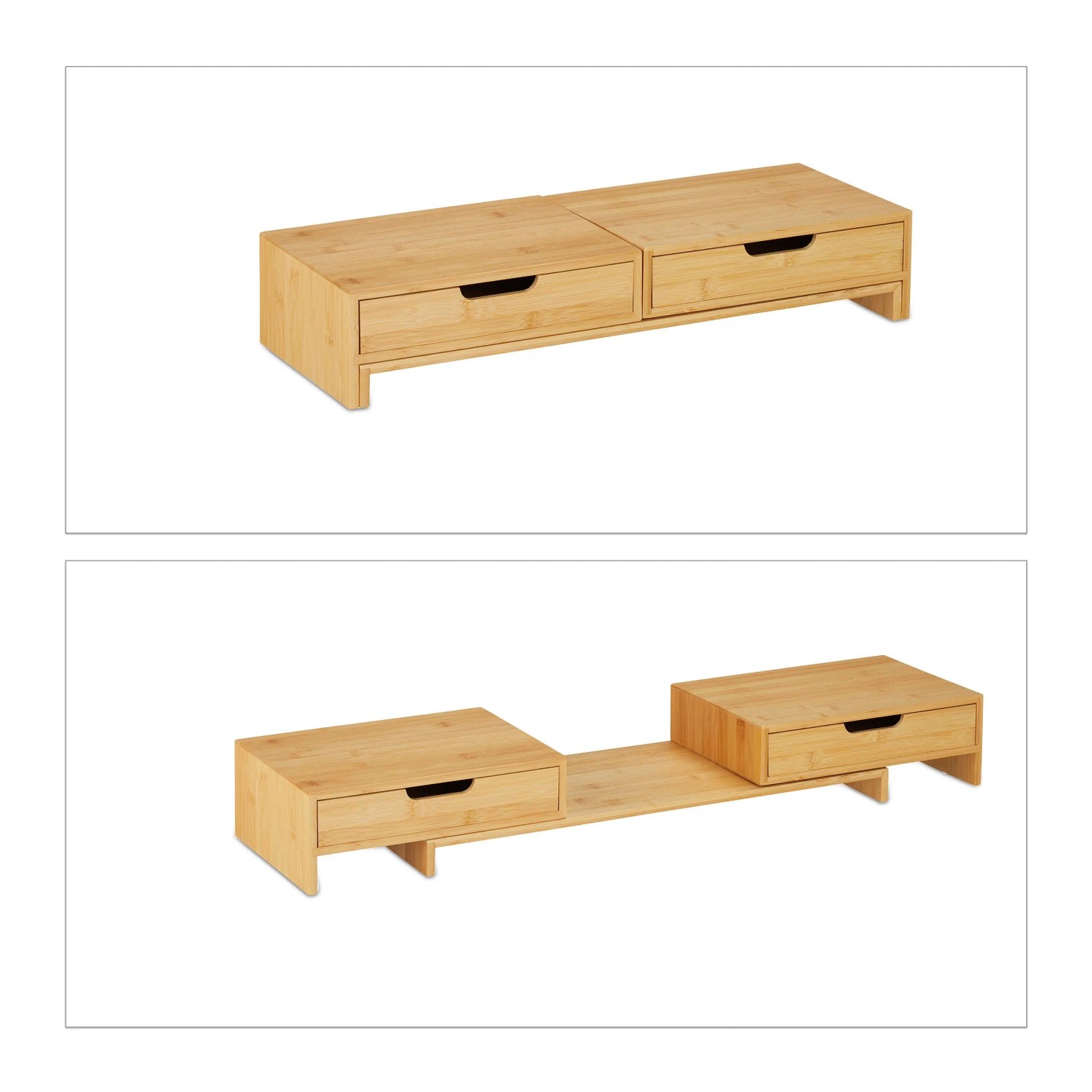 Relaxdays Monitorständer Bambus Natur 2 Schubladen Höhenverstellbar 11 cm x 107 cm x 22 cm