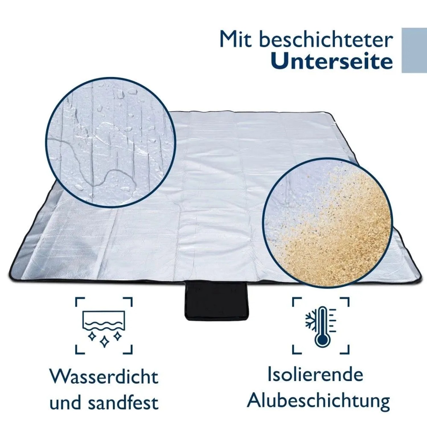 Unterseite der Beautissu Picknickdecke mit isolierender, wasserdichter Alubeschichtung. Zeigt Wassertropfen und Sand.