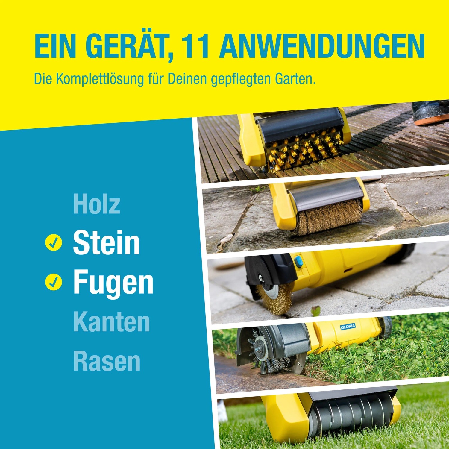 Gloria MultiBrush speedcontrol Plus: Elektro-Oberflächenbürste für Holz, Stein, Fugen, Kanten und Rasen.