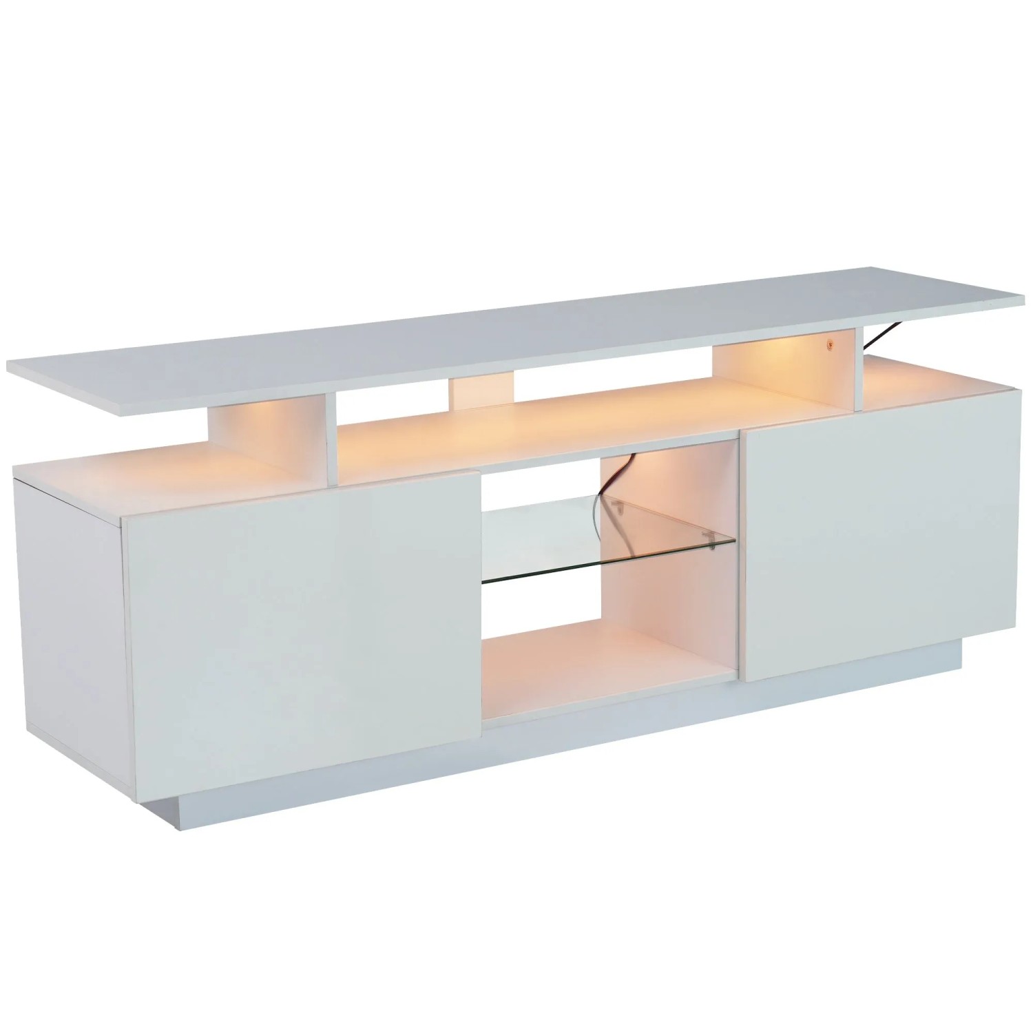 Okwish Tv Schrank Mit Led Licht Stauraum Glasfächern 140x35x55cm Weiß
