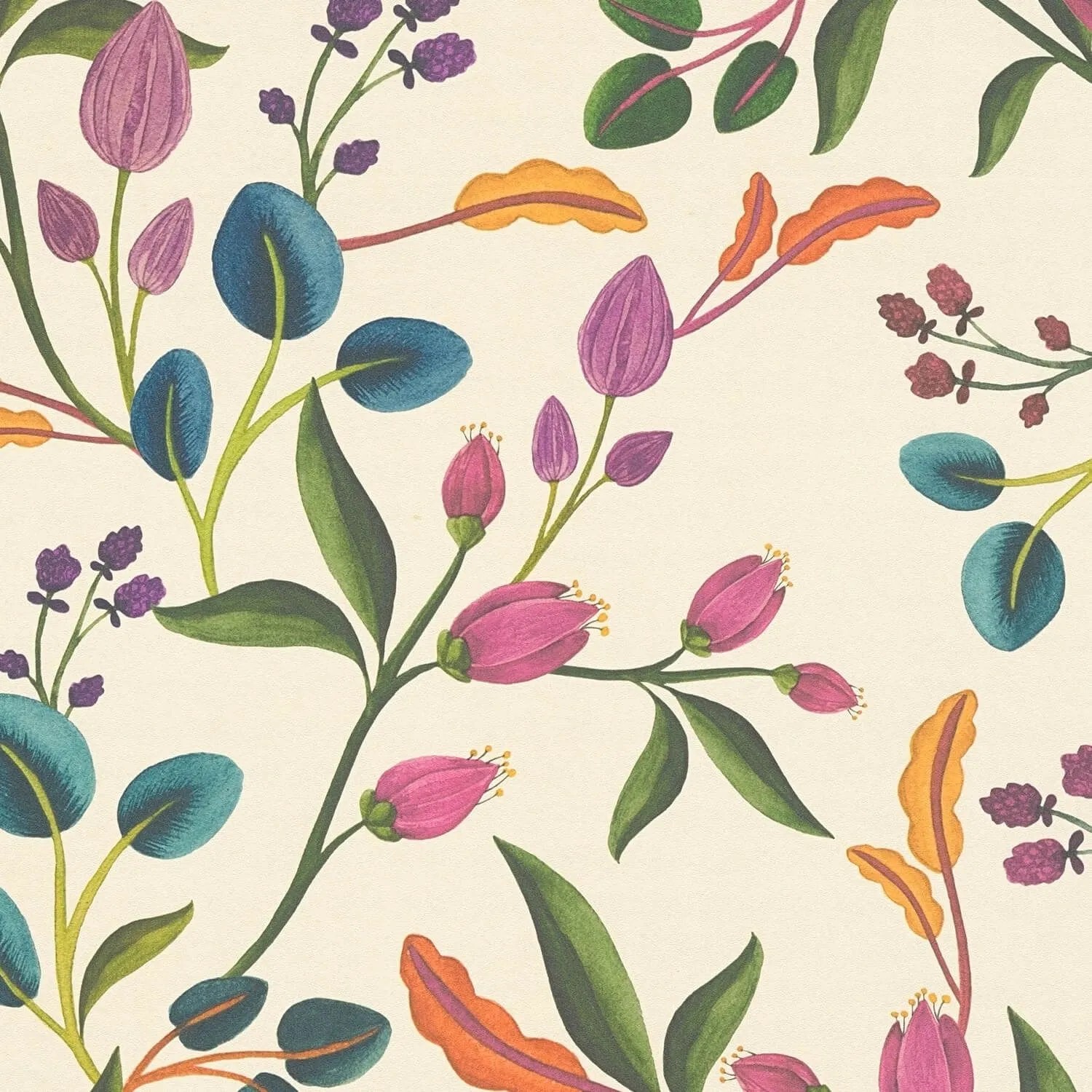 PROFHOME 782111-GU Blumen Tapete Floral Matt Creme Grün Lila Blau 0,53 m x 10,05 m 5,33 m2
