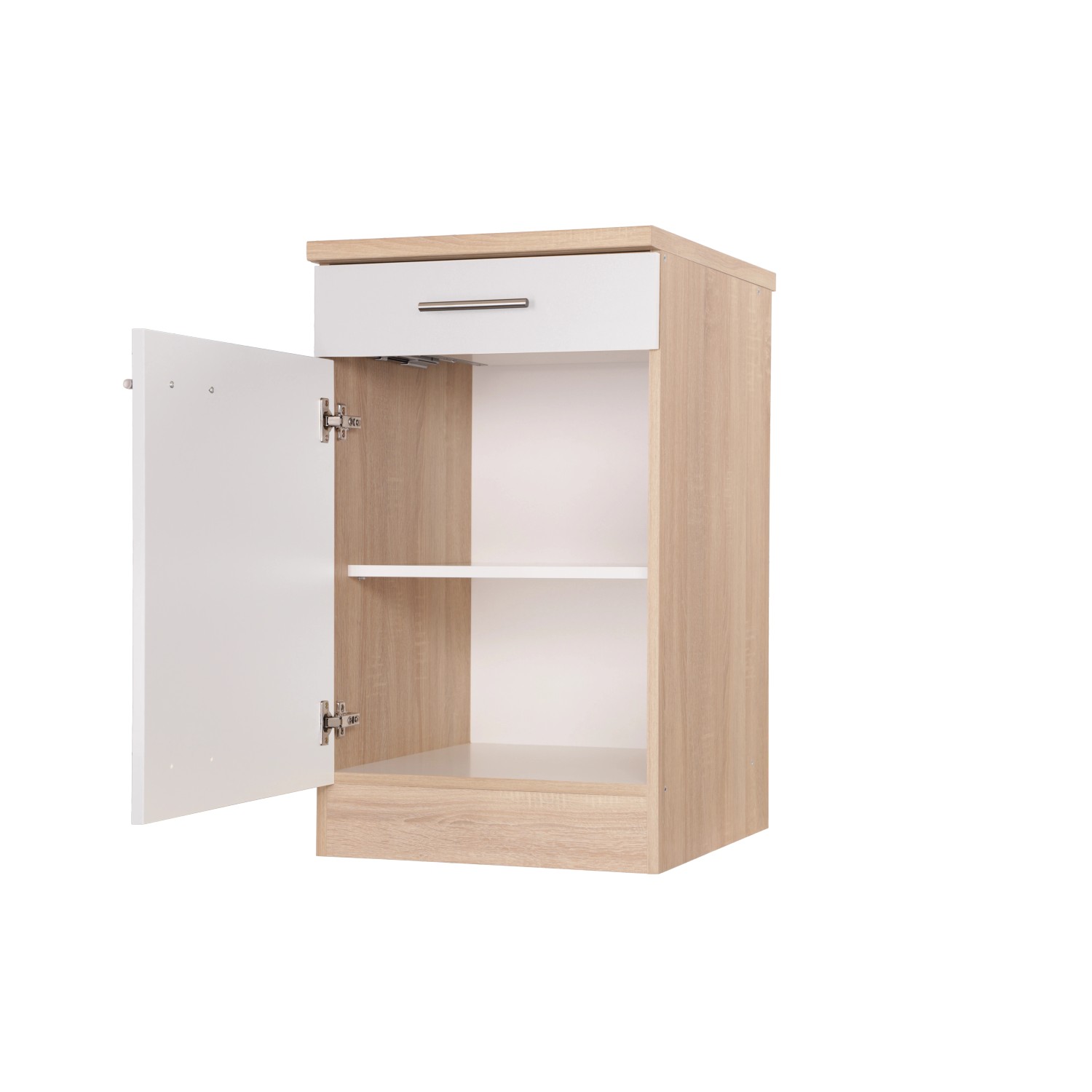 Respekta Unterschrank Merle, 50 cm, Weiß/Eiche Optik, mit Schublade und offener Tür.