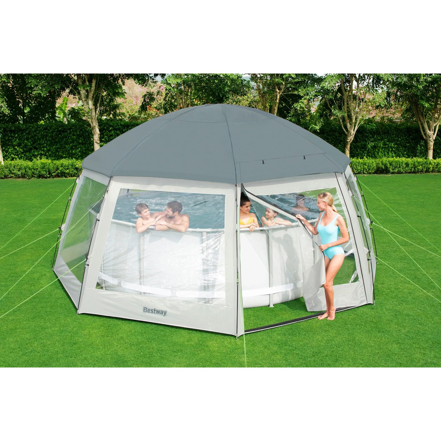 Bestway Pool-Pavillon 600x295cm für runde Pools bis 488cm Durchmesser. Bietet Schutz und Komfort.