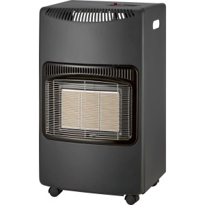 Schwarzer mobiler Infrarot-Gasheizofen mit 1,4-4,2 kW Leistung, Rollen und sichtbarem Keramikbrenner.