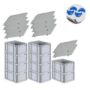 PROREGAL Spar Set: 10 graue Euroboxen mit Deckel und blauen Schiebeschnappverschlüssen. Aufbewahrungsboxen für Lager.