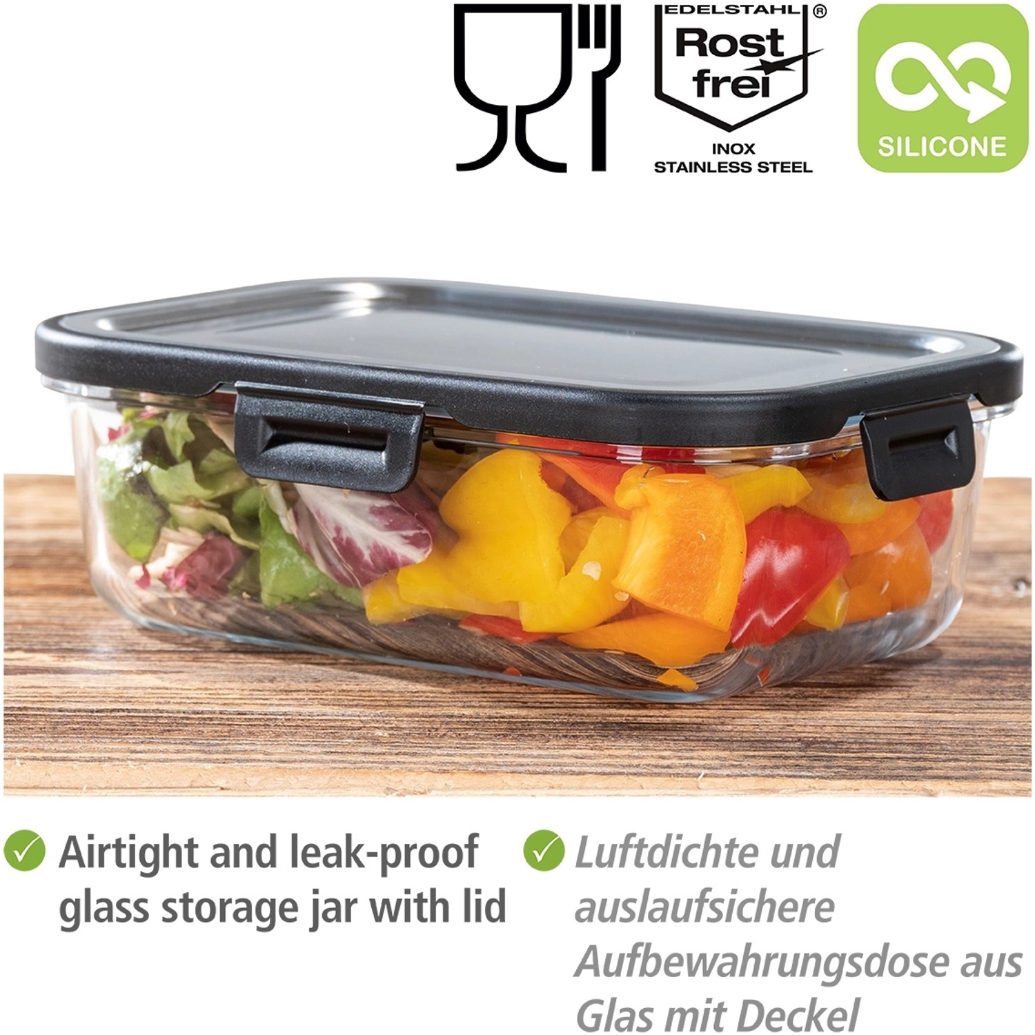 Wenko Glas Frischhaltedose Steel Black Outdoor Kitchen 1 l gefüllt mit Salat und Gemüse.
