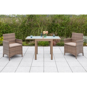 Merxx Treviso Balkonmöbel Set: 2 Sessel mit Kissen, ausziehbarer Gartentisch 65/130x65 cm.
