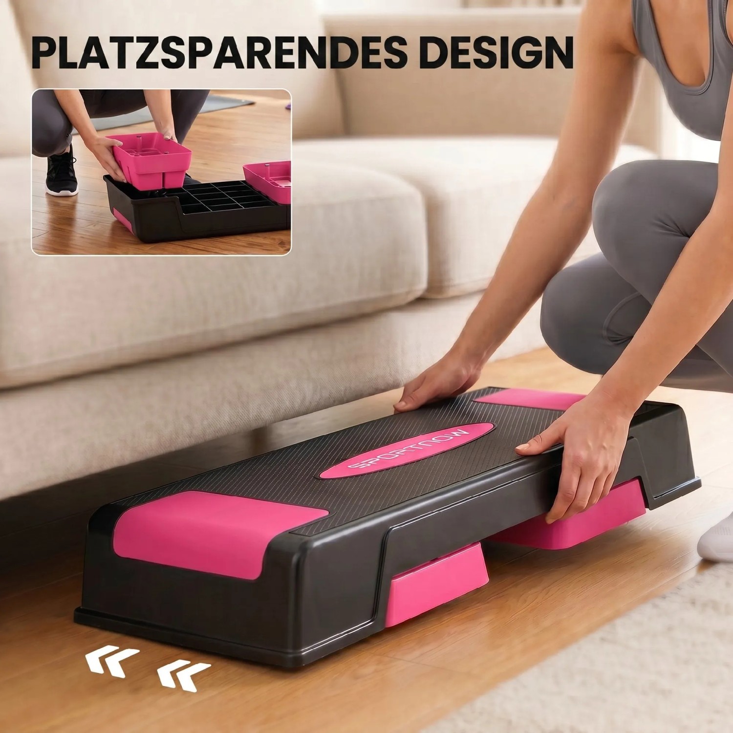 Rosa-schwarzer Aerobic Stepper wird platzsparend unter einem Sofa verstaut. Höhenverstellbares Fitnessgerät.