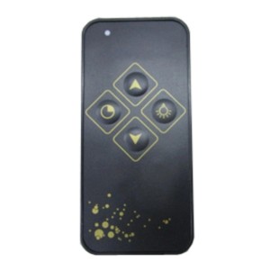 Fernbedienung für Respekta Design-Inselhaube Centa CH11051IS, schwarz mit goldenen Symbolen.